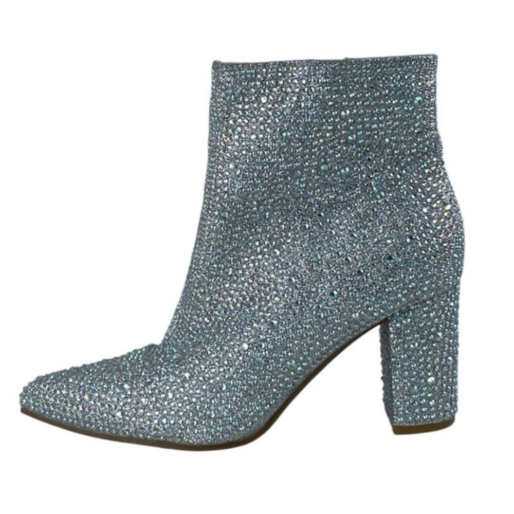 Forever Iceberg 12 Silver Rhinestone Pointed Toe Block Heels Ankle Bootie Size 7